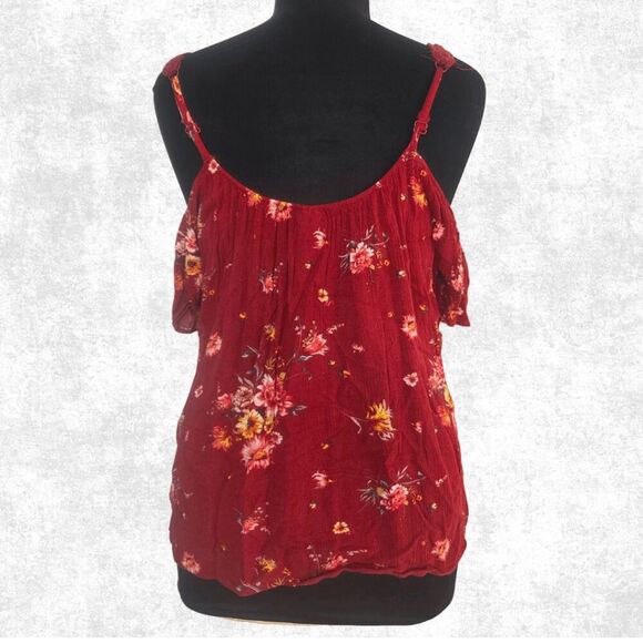 Torrid Red Floral Cold Shoulder Top – Plus Size 1 (14–16) | Boho Gauze Blouse - Picture 2 of 6